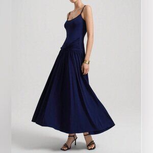 Minimalist A-Line Flared Ruched Cami Dress Blue